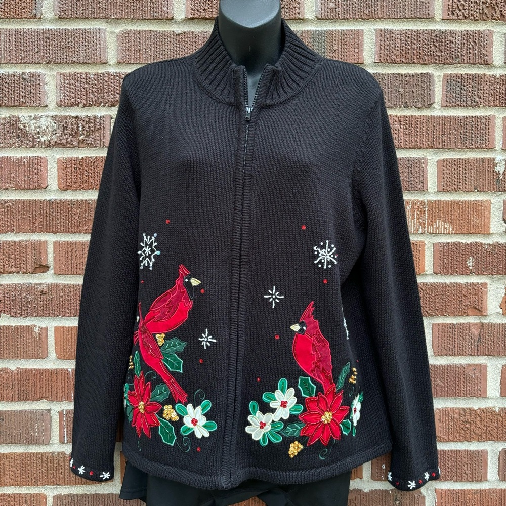 Urban Outfitters Cardigan Christmas Sweater Cardinal Birds & Poinsettias Sz M